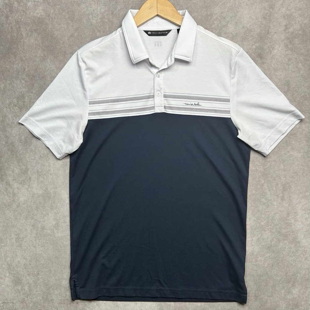 Travis Mathew Cotton Blend Men's Golf Polo Shirt Size M Short Sleeve Blue White